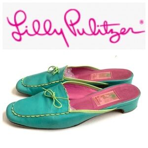 LILLY PULITZER Slip On MULES Shoes TEAL TURQUOISE LIME GREEN ~ Sz 8 (fit 7.5)